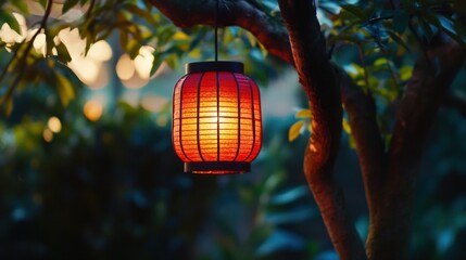 Obraz premium A red lantern glowing warmly at dusk, hanging from a tree in a peaceful garden setting