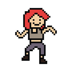 Fototapeta premium Cute pixel cartoon 8bit character woman exercises training dance lifestyle music decoration life style 8 bit female girl dance with music game fitness isolated PNG vector.