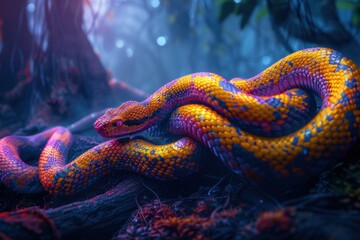 Fototapeta premium Serpentine roots intertwining in vibrant rainforest depths at dawn