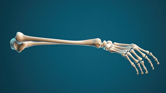 Isolated human arm bone, wrist and hand skeletal structure, 3D rendering.