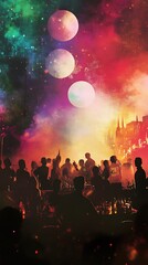 Obraz premium Silhouettes of people celebrating under a colorful night sky with three moons and a glowing city in the background