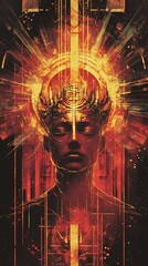 Obraz premium Abstract Digital Art, Woman with glowing halo and intricate lines. Concept of enlightenment, technology, spirituality, and consciousness.