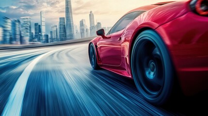 A red sports car speeding down a highway, with motion blur and the city skyline in the distance