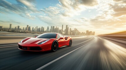 A red sports car speeding down a highway, with motion blur and the city skyline in the distance
