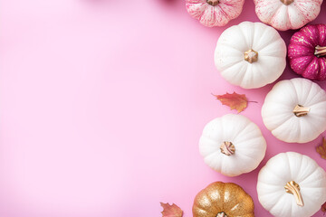 Obraz premium Pastel composition with pink, magenta, golden pumpkins on soft pink background. Flat lay, top view, copy space. Fasion delicate Mockup frame design.