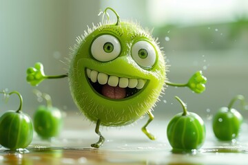 Joyful green character bouncing among playful round peas in a bright kitchen