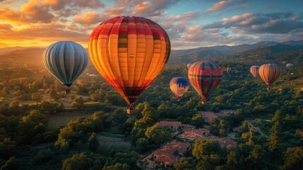 Obraz premium Colorful hot air balloons soaring over a scenic landscape at sunset.