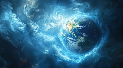 Earth surrounded by swirling blue energy in space.