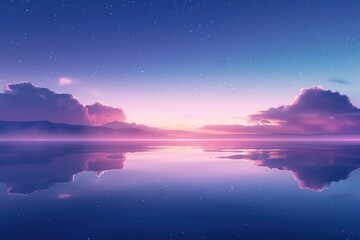 Serene twilight reflection of clouds illuminating a tranquil lake under a starry sky