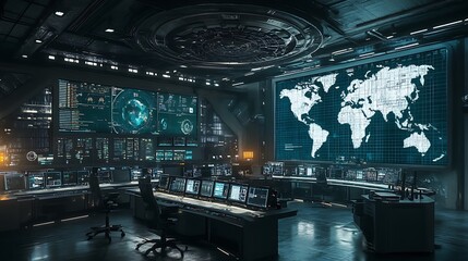 Futuristic  control room with large screens, futuristic technology and a map of the world in the background