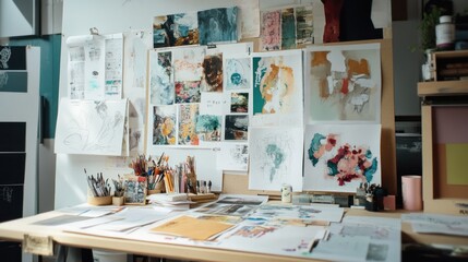 An artist's workspace with a wooden table, paintbrushes, and a corkboard covered in colorful artwork.