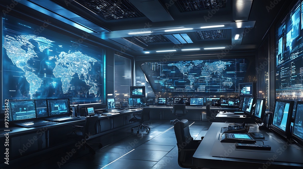 Canvas Prints Futuristic Tech Control Room with Monitors and World Map Display