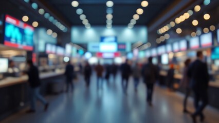 Blur, defocused background of public exhibition hall. Business tradeshow, job fair, or stock market. Organization or company event, commercial trading, or shopping mall marketing advertisement concept