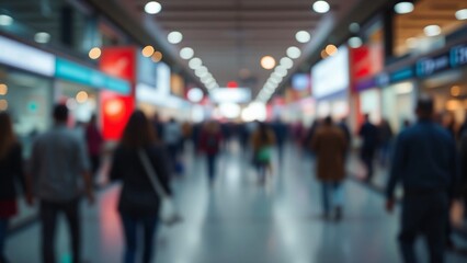 Blur, defocused background of public exhibition hall. Business tradeshow, job fair, or stock market. Organization or company event, commercial trading, or shopping mall marketing advertisement concept