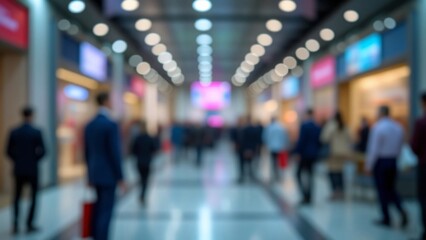 Blur, defocused background of public exhibition hall. Business tradeshow, job fair, or stock market. Organization or company event, commercial trading, or shopping mall marketing advertisement concept