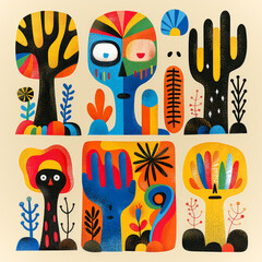 A group of cartoon faces with one of them having a sun on its head.