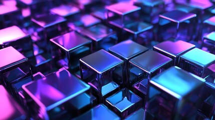 Abstract close-up of shiny cubes in a purple and blue color scheme.