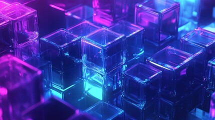 Close-up of neon-lit glass cubes.