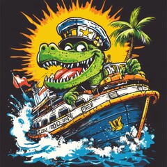 A cartoon crocodile wearing a captain's hat and driving a boat through the waves.