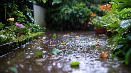 Raindrops fall on lush green foliage in a backyard, creating a tranquil and serene atmosphere.
