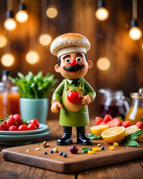 Mu&ntilde;eco gracioso cocinero con gorro tipo chef de pan de hamburguesa sobre una mesa junto a frutas y verduras en una cocina