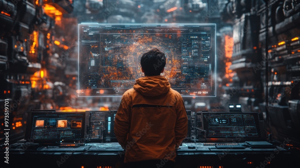 Wall mural a man in a yellow jacket stands in a futuristic control room, staring at a large screen displaying a