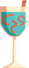 Glass with blue cocktail and earthworms is standing on white background, exotic alcoholic beverage vector illustration