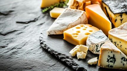 A variety of artisanal cheeses displayed on a slate board with an emphasis on the unique shapes and textures of each type.