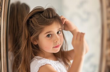 Fototapeta premium Little girl fixing her hair while looking in the mirror