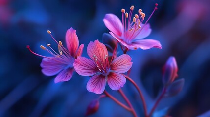 Close up of pink flowers blooming in a blue natural background