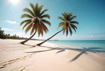 Obraz premium A tropical beach with a palm tree, clear blue sky, and calm turquoise waters