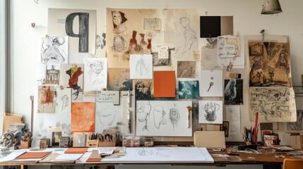 A wooden work desk with an assortment of art supplies, notebooks, and papers with sketches. The wall behind is covered in a large collection of art pieces in different mediums.
