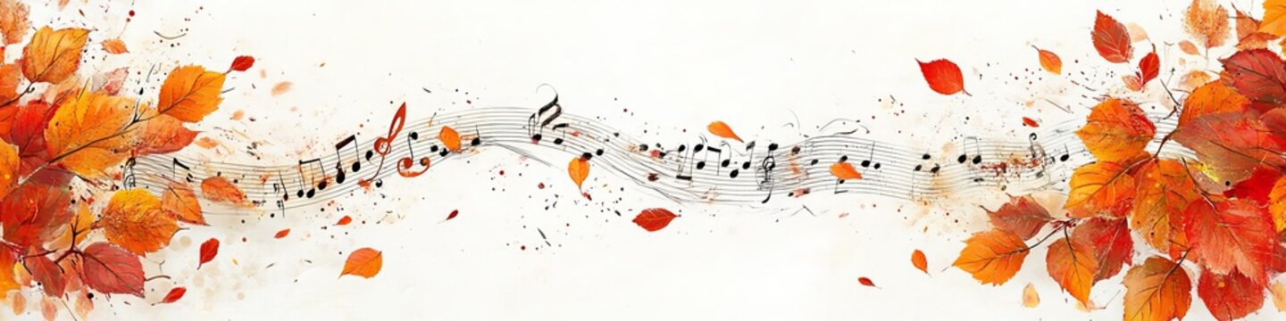 A frame with musical notes intertwined with autumn leaves, creating a melodic border on a white background