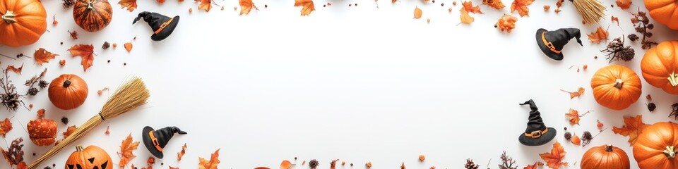 Obraz premium A whimsical frame featuring small witch hats and brooms scattered around the edges on a white background