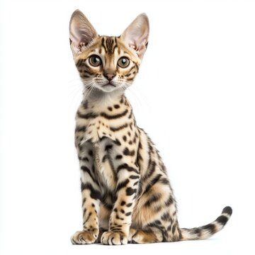 delightful Cheetoh cat sits gracefully with its stunning spotted coat and prominent ears. The bright white background emphasizes its unique features, making it the center of attention.