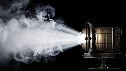 Vintage theater white light beam from projector on black background, illuminating smoke.Barn doors and grid used for light directing.