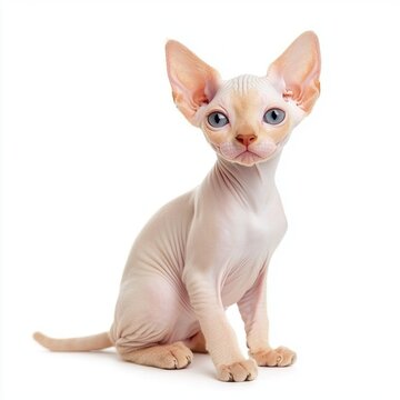 delightful Minskin cat sits gracefully, highlighting its hairless body and short legs against a clean white backdrop, radiating character and charm.