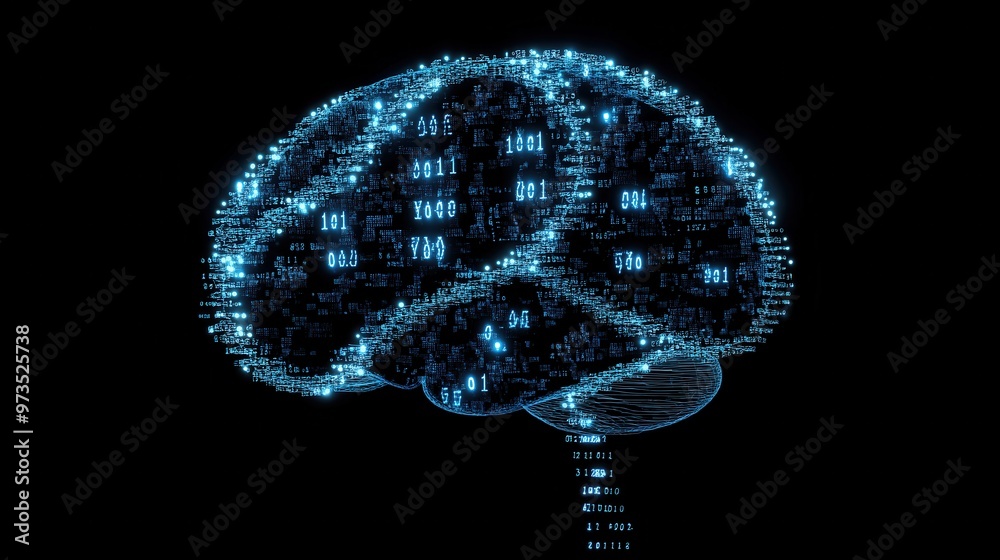 Poster a brain made of binary code. the brain is blue and has a lot of numbers on it