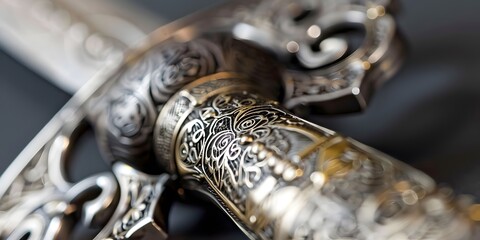 Close-up view of a traditional Arabic dagger, emphasizing the ornate designs and cultural significance of this beautifully crafted weapon