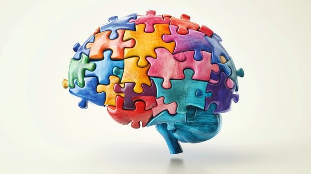 A brain made of puzzle pieces. The puzzle pieces are in different colors and sizes. The brain is not complete, but it is a representation of the brain