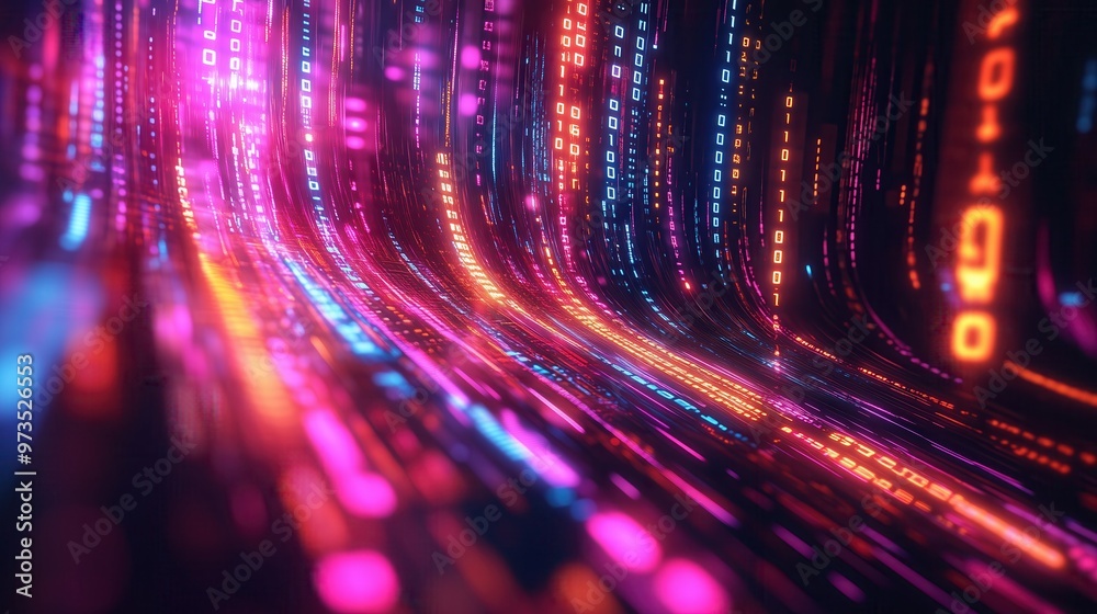 Poster a colorful, abstract image of binary code with a purple line running through it. concept of technolo