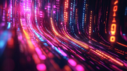 A colorful, abstract image of binary code with a purple line running through it. Concept of technology and complexity, with the bright colors