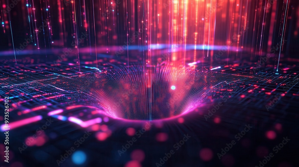 Poster a computer generated image of a deep hole with a red glow surrounding it. the image has a futuristic