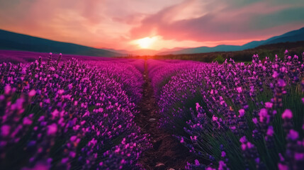 Obraz premium Lavender flowers blanket the field as a beautiful sunset casts a golden glow, creating a tranquil and picturesque scene.