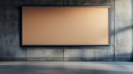 A large, empty wall with a sign on it. The sign is brown and has a lot of white space around it. Scene is somewhat somber and empty