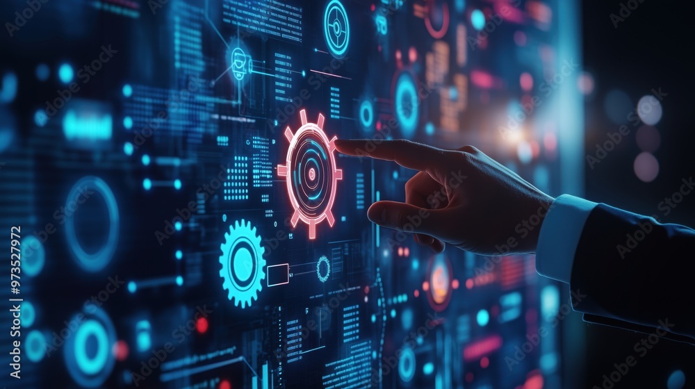 Poster a person is pointing at a blue and red button on a computer screen. the button is surrounded by a lo