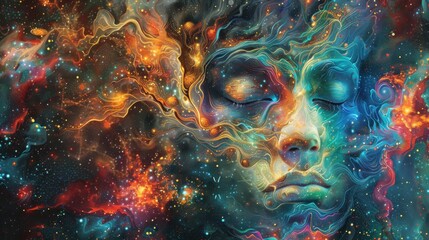 Abstract cosmic portrait with swirling colors and stars.