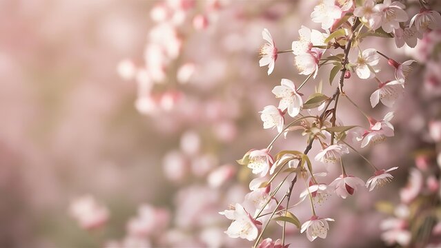 Wide soft focus website header background with delicate pink apple blossom on right hand side and plenty of copy space on left