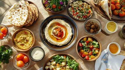 A table full of food with a variety of dishes including hummus, salad, and bread. The table is set for a meal and the mood is inviting and welcoming