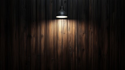 A wooden wall with a light shining on it. The light is on a black lamp. The wall is dark and the light is the only source of illumination